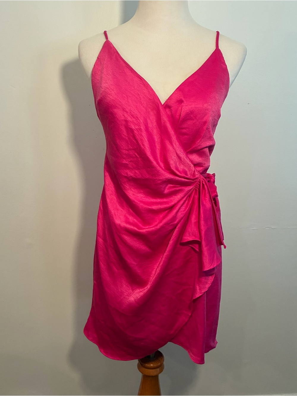 Angel Biba Fuchsia Satin Wrap-Style Mini Dress